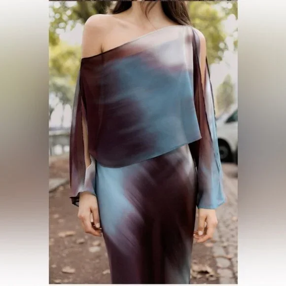 ZARA SATIN EFFECT PRINT CAPE DRESS